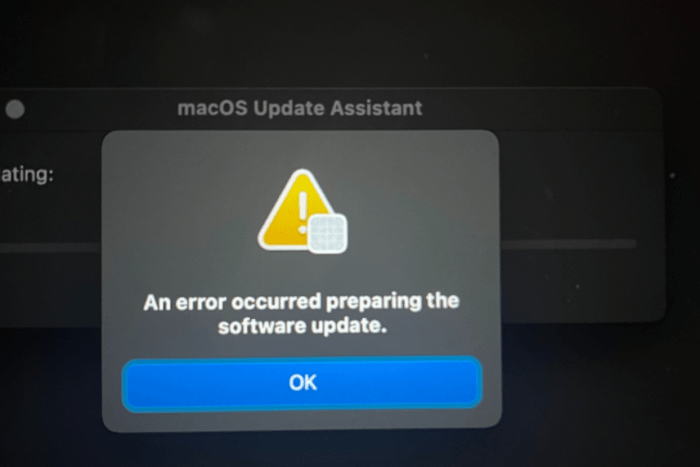 an error occurred preparing the software update