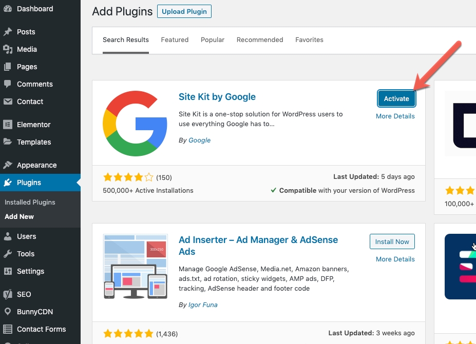 activating the site kit plugin