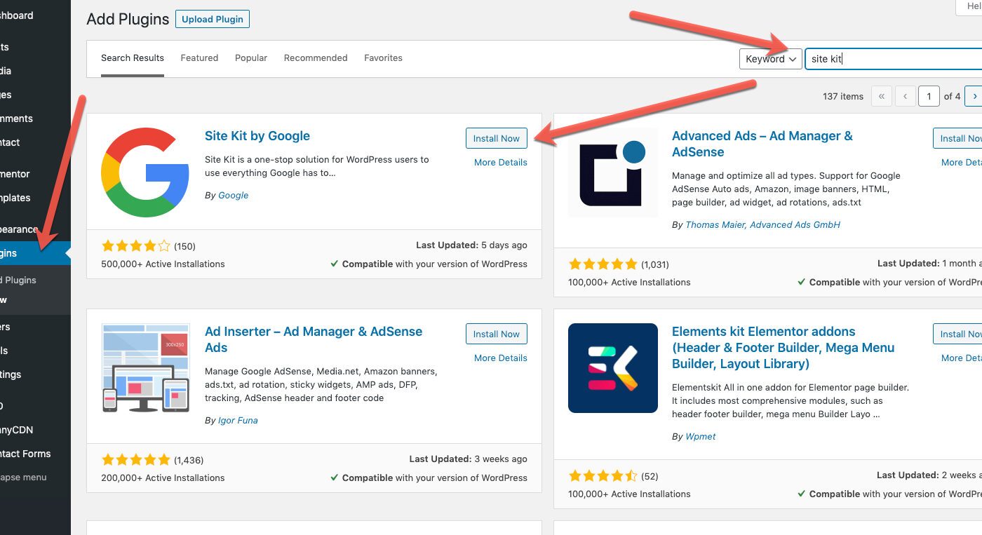 finding the sitekit plugin in wordpress