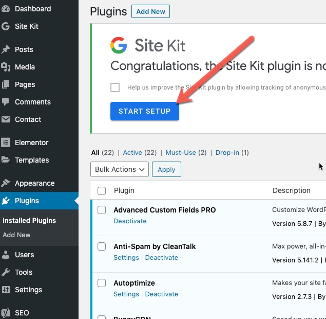 start setup site kit plugin