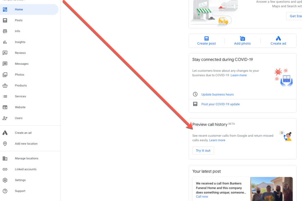 preview call history google my business maps