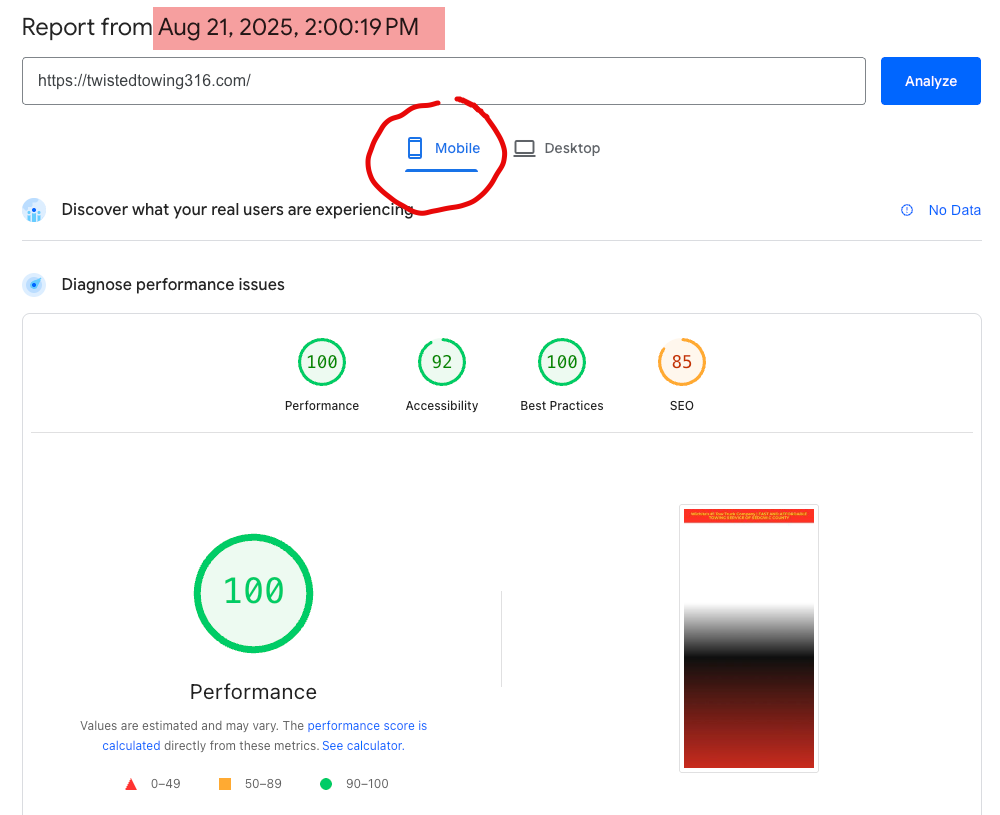 100 psi load speed score for seo for a website